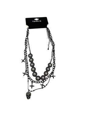 Torrid Layered Skull Pendant Necklace Gunmetal Faux Pearls Star Adjustable Chain